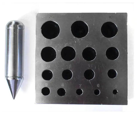 Heavy Duty Bezel Block And Punch Set For Soft Metal Sheets, 4x4x1.5 Inch Frame, different punch sizes visible