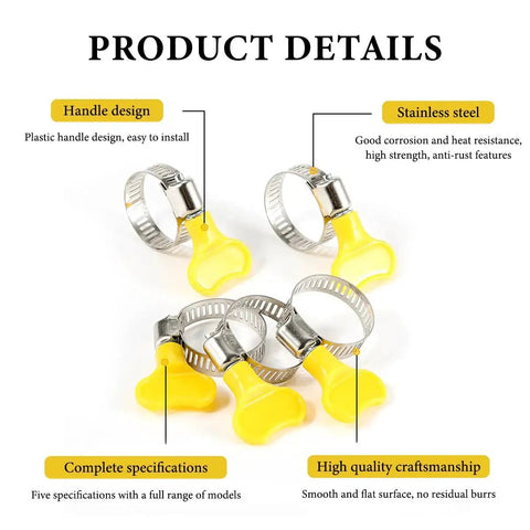 Product details of adjustable 30-piece stainless steel hose clamps set with plastic handle key for automotive and plumbing use.