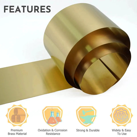 0.004 Inch Brass Shim Stock Roll 6 Inch Wide By 100 Inch Long Half Hard Cold Rolled CDA 260 For Gearheads Hardware DIY Jewelry Crafts And Electrical Work, showing brass roll with features icons