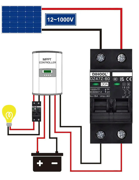 Beefy 30 Amp Circuit Breaker For DIN Rail Mount Solar Disconnect Switch in electrical setup with 1000V rating diagram