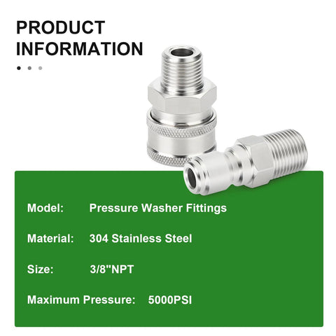 TAISHER pressure washer adapter fittings, two chrome 304 stainless steel quick-connects, 3/8" NPT