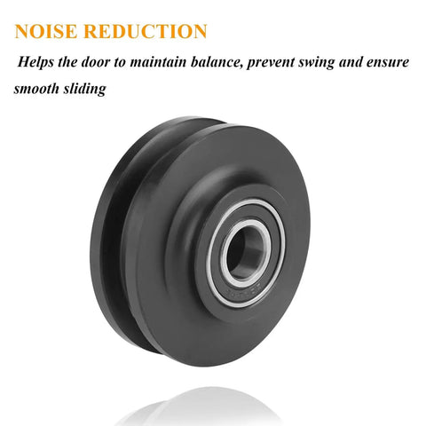 Close-up of a Heavy Duty Sliding Barn Door Wheel Set for Cabinets and Windows, featuring a noise-reduction pulley design.
