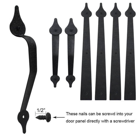 Decorative Rustic Carriage House Hardware Set With Black Steel Hinges And Handles for Barn Doors And Gates, 6 pieces.