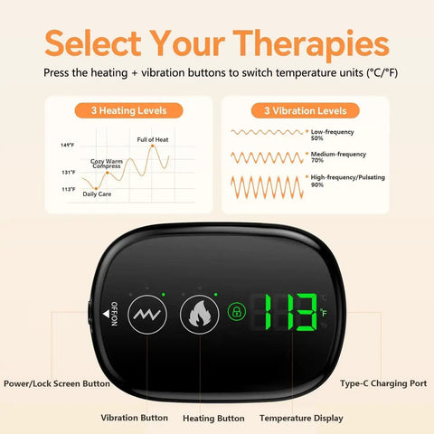 Cordless Heated Back Wrap control panel with touchscreen showing 3 heat levels and vibration modes.