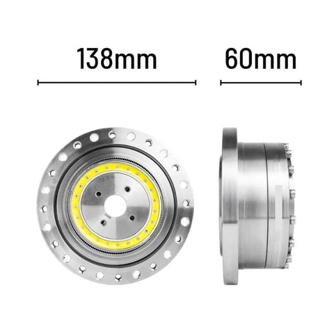 Front and side view of Harmonic Drive CS-32-II Pro Grade High Precision Strain Wave Gear Reducer For Industrial Robotics and Motion Control CSF-32-II Compatible Low Backlash Servo Gearbox, 138mm diameter, 60mm width.