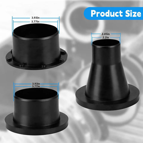 4 Inch Magnetic Dust Collection Fittings Kit For Woodworking And Shop Vacuums Includes 1 Magnetic 4 Inch Connector, 1 Magnetic 2.5 Inch Connector, 3 4 Inch Port Receivers, 3 4 Inch Rubber Couplers, 7 4 Inch Hose Clamps, And 5 2.5 Inch Hose Clamps. Black plastic connectors with size measurements shown.