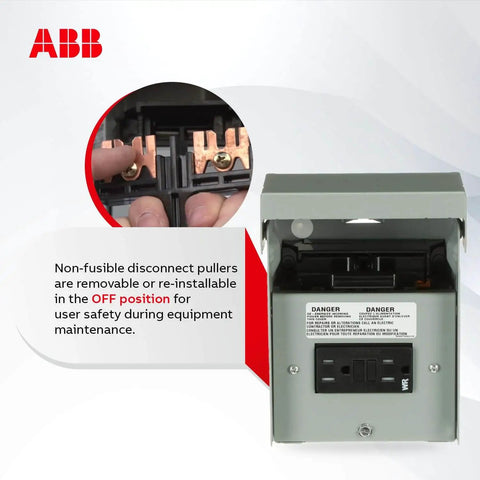 60A 240V AC Pull-Out Disconnect Switch with GFCI Receptacle in NEMA 3R Metal Enclosure showing non-fusible pullers.
