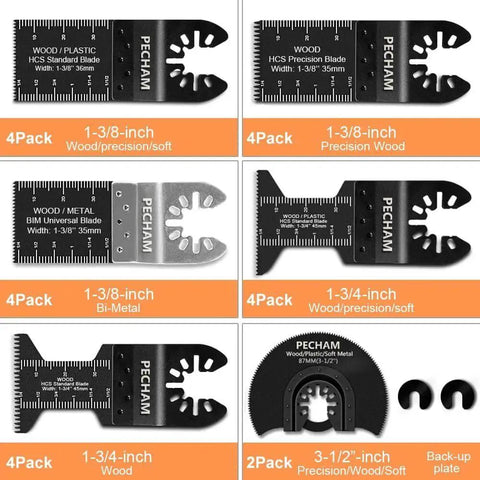 Versatile 24 Piece Universal Oscillating Multitool Saw Blades Set For Wood And Metal With Quick Release Fits Porter Cable Black And Decker Rockwell Ridgid Ryobi Milwaukee Chicago Craftsman, showing various blade sizes and types.