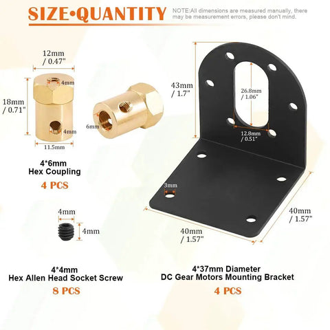 4 Pack 37mm DC Gear Motor Mounting Brackets And 4 Hex Couplings Kit For Small Stepper Motors, Rust-Resistant Black Gearbox Mounting Brackets