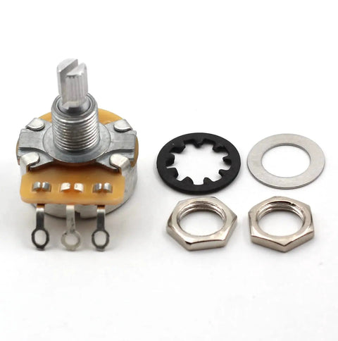 Audio Taper CTS 500k Guitar Potentiometer Kit, Set of 4 Split Shaft Replacement, 3/8 Inch Threaded Bushing, components visible