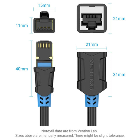 Diagram showing dimensions of Cat6 Ethernet Extension Cable 10ft 3m Shielded SSTP Patch Cable RJ45 Male To Female Network Cable