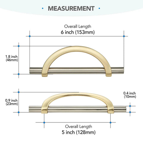 Measurement of Brushed Brass And Brushed Nickel Cabinet Pulls, 5 Inch Center To Center Curved Handles, 10 Pack