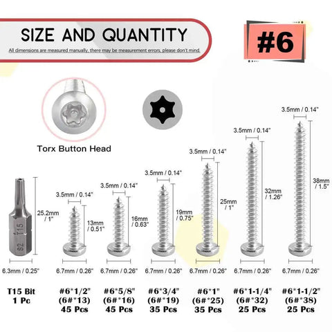 210 Piece Stainless Steel Button Head Torx Sheet Metal Screws Set With Tamper Proof Security, Includes T15 Bit, various sizes