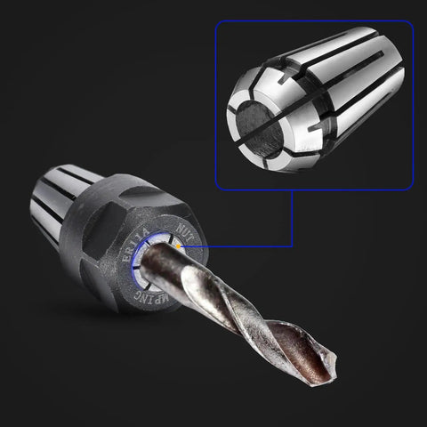 Close-up of ER11 spring collet with drill bit, part of the 9 Pcs ER11 Spring Collet Nut Set With One Eighth Inch Collets And One Fourth Inch Collets And Clamping Nuts For CNC Engraving Milling Lathe Machines Pro Grade Tooling For Your DIY Home Shop Wood And Metalworking Projects, showing precision tooling for CNC applications.