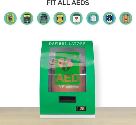 Green AED Defibrillator Storage Cabinet with Plexiglass window, key lock, wall-mounted for homes, schools, clubs, and groups.