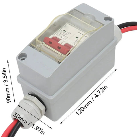 32A 500V PV DC Disconnect Switch MCB 2P Solar Breaker with IP65 Waterproof Distribution Box and Cables, side view