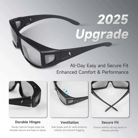 Over Glasses Sunglasses For Men And Women Polarized Anti Glare Sun Glasses UV Protection Wraparound Yellow Lenses Fit Over Prescription Eyewear showing features like durable hinges, ventilation, and secure fit.