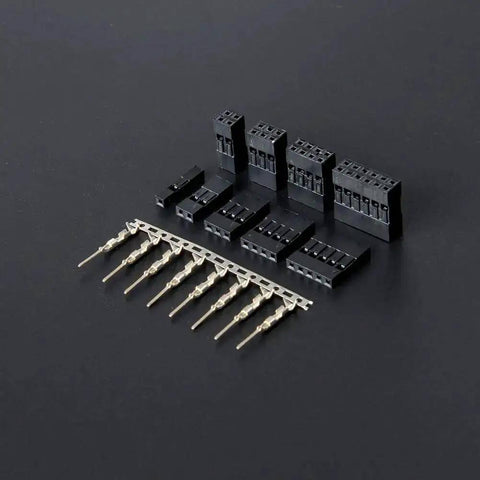 Dupont Connector Kit 2.54mm Pitch Single Row Male Headers With Crimp Pins For 3D Printer And FPV Jumper Wires set on dark surface