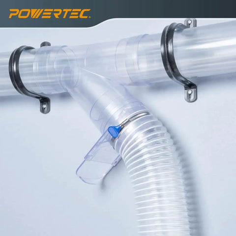 Two And A Half Inch Blast Gate For Dust Collection Heavy Duty Tapered ABS Fitting installed on clear dust collection hose