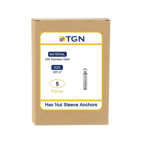 Packaging of Three Eighths Inch Hex Nut Sleeve Anchors 3 Inch Length 5 Pack 304 Stainless Steel Silver Finish For Concrete Drywall Brick And Block Walls Durable Anchor Fasteners For Reliable Hold In Masonry And Structural Applications