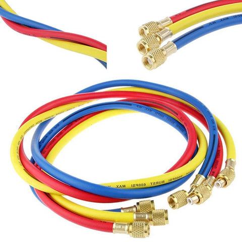 ANTFEES AC charging hose set, three 72-inch refrigerant hoses in red, blue, and yellow with brass fittings