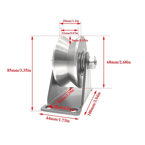 Stainless Steel V Groove Plate Casters With Double Ball Bearings for Sliding Gates, showing detailed dimensions and side view of roller.