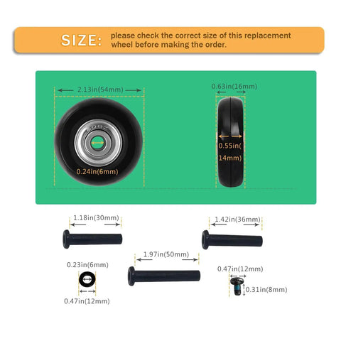 Luggage Wheel Replacement Kit For Suitcases And Trolleys 2.13 Inch Diameter 54mm Eight Silent Wear Resistant Swivel Wheels With Three Axle Sizes 30mm 36mm 50mm Includes Washers Screws Spacers Adapter Rings And Wrench For Easy Travel Bag Repair, dimensions diagram.