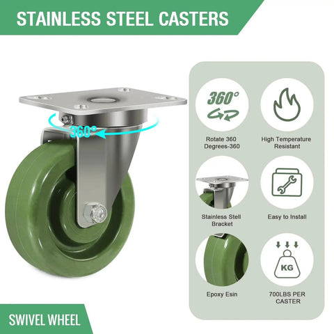 Heavy Duty Stainless Steel Bracket Casters Set Of 4 With 1.5 Inch Wheels High Temperature Up To 2800 Lb Capacity, close-up swivel wheel