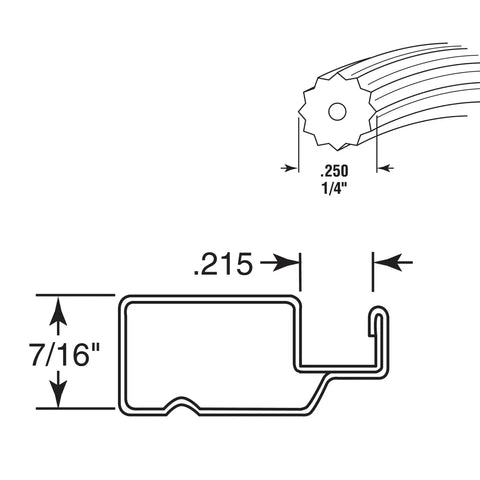 Diagram showing dimensions for 1/4-Inch Black Vinyl Spline Roll, 250 Ft Hollow Core, 32 Point Extruded Spline, 0.250 inch diameter.