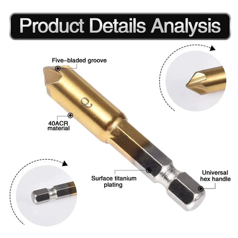 Close-up of 90 degree titanium coated countersink deburring drill bit with hex shank for wood, metal, fiberboard, PVC.