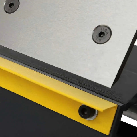 Close-up of 24-Inch Sheet Metal Hand Brake For 20 Gauge Mild Steel, yellow removable finger details, box and pan brake feature.