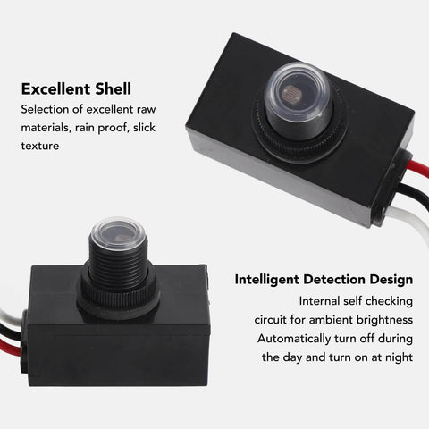 Exterior Dusk To Dawn Photocell Sensor With Auto On Off For Outdoor Lights, black housing, close-up of weatherproof design.