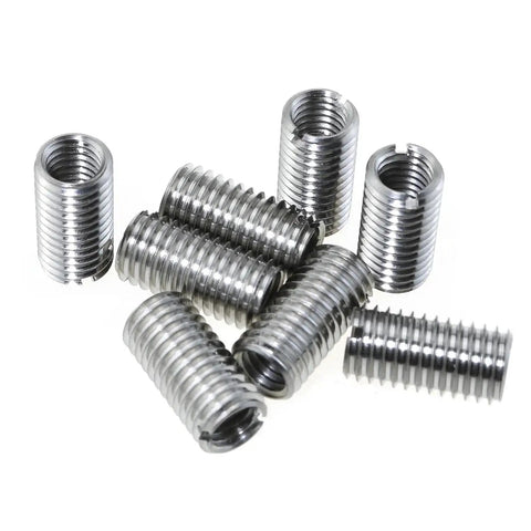 Eight stainless steel threaded reducer sleeves, M10x1.5 male to M8x1.25 female, for plastic and aluminum repairs.