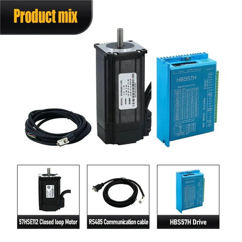 57HS112mm NEMA23 closed-loop stepper motor kit with blue HBS57H hybrid servo drive and RS485 cable