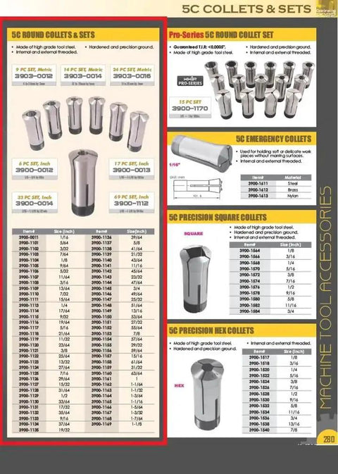 Catalog page showing various 5C collets and sets for milling and lathe, with specifications and images of each type.