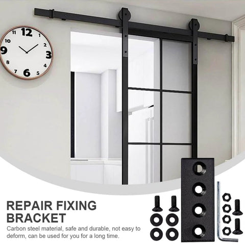 Sliding Barn Door Track Connection Plates Kit Black Carbon Steel Straight Brace Joints No Fuss Easy Install Connector Set For Smooth Door Mounting And Frame Fixes, showing installed black barn door and connection hardware.
