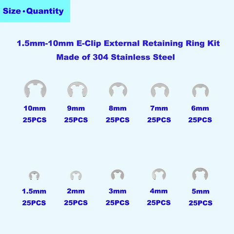 250 Piece Stainless Steel E Clip External Retaining Ring Assortment Kit Ten Metric Sizes From 1.5mm To 10mm With 25 Pieces Each