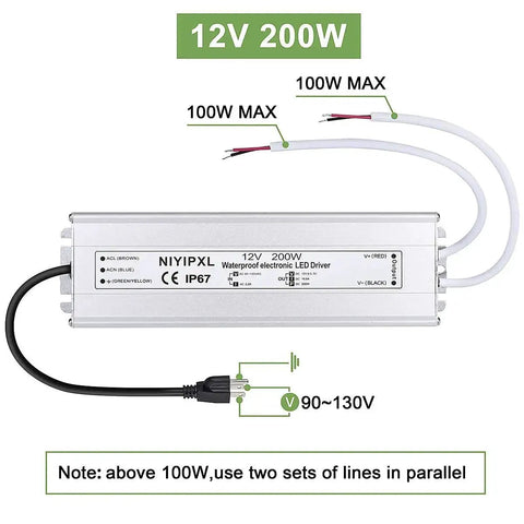 Heavy Duty 200W IP67 Waterproof LED Power Supply 90V To 130V AC To 12V DC Transformer With 3 Prong Plug and 3.3 Foot Cable