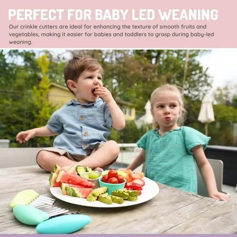 Children enjoying snacks with Stainless Steel Crinkle Cutters Three Blade Set With Wavy Zigzag And Boxy Blades For Cutting Vegetables.