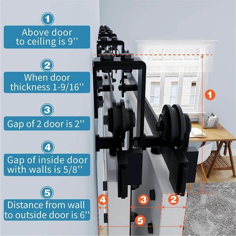 Close-up view of 10 Foot Double Track Bypass Sliding Barn Door Hardware Kit For Two Doors With I Shape Hangers DIY installation details.