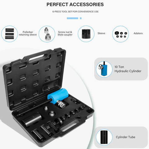 Front Leaf Spring Pin And Bushing Service Kit For Trucks And Heavy Duty Repairs A Must Have Universal Compatibility With Horton Pins And Bushings Fits Commercial And Pickup Trucks shown in an open black case with a blue hydraulic cylinder and accessories.