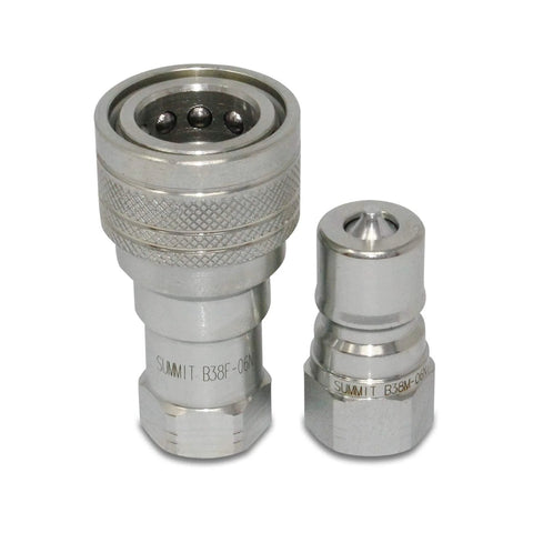 Summit hydraulics 3/8 in NPT ISO 7241-B quick-disconnect coupler set, two silver fittings.