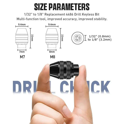 Hand holding a keyless drill chuck from the Keyless Drill Chuck Collet Set Kit, 28 Pcs 1/32 to 1/8 Inch, displaying size parameters M7 and M8.