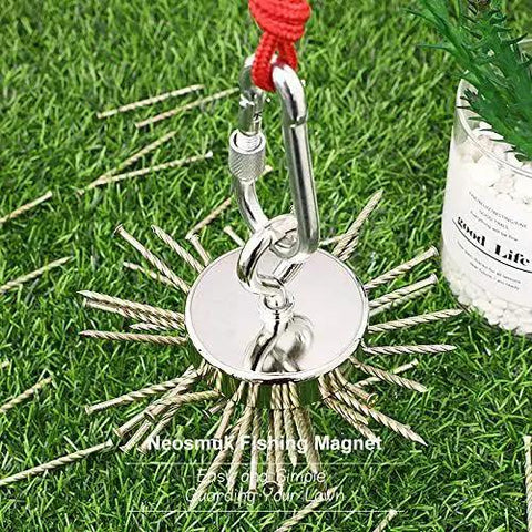 550Lb Heavy Duty Magnetic Fishing Kit With Rope For Salvage And Treasure Hunting showing metal magnet on grass