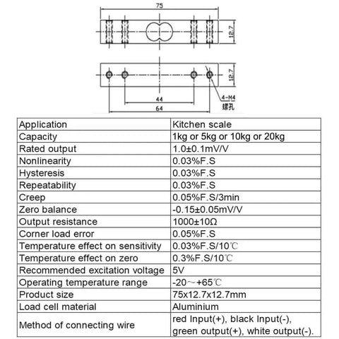 Diagrams and specifications for load cell in Two Pack Digital Load Cell Weight Sensor Kit With Screws And HX711 Module.