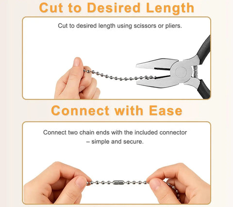 120 Inch Ceiling Fan Pull Chain Extender With Stainless Steel Ball Chain 12 Connectors being cut with pliers and connected by hands.
