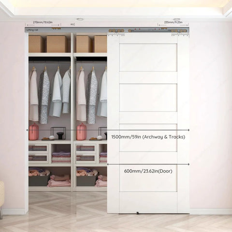Soft Close Barn Door Slide Hardware Set With 59 Inch Track installed on closet, featuring a white panel door.