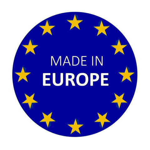 Blue round label with yellow stars and 'Made in Europe' text.