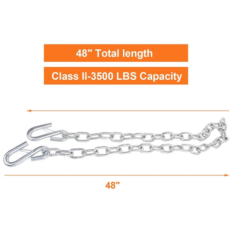 3/16 X 48 Inch Grade 30 Steel Trailer Safety Chain With Clevis Grab Hooks, 3500 Lb WLL, shows length and capacity