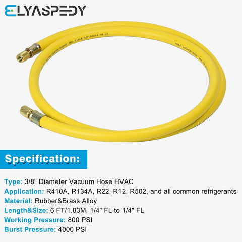 HVAC vacuum hose, 3/8" diameter, yellow rubber with brass fittings, 6 ft, 1/4" FL to 1/4" FL, 800 PSI